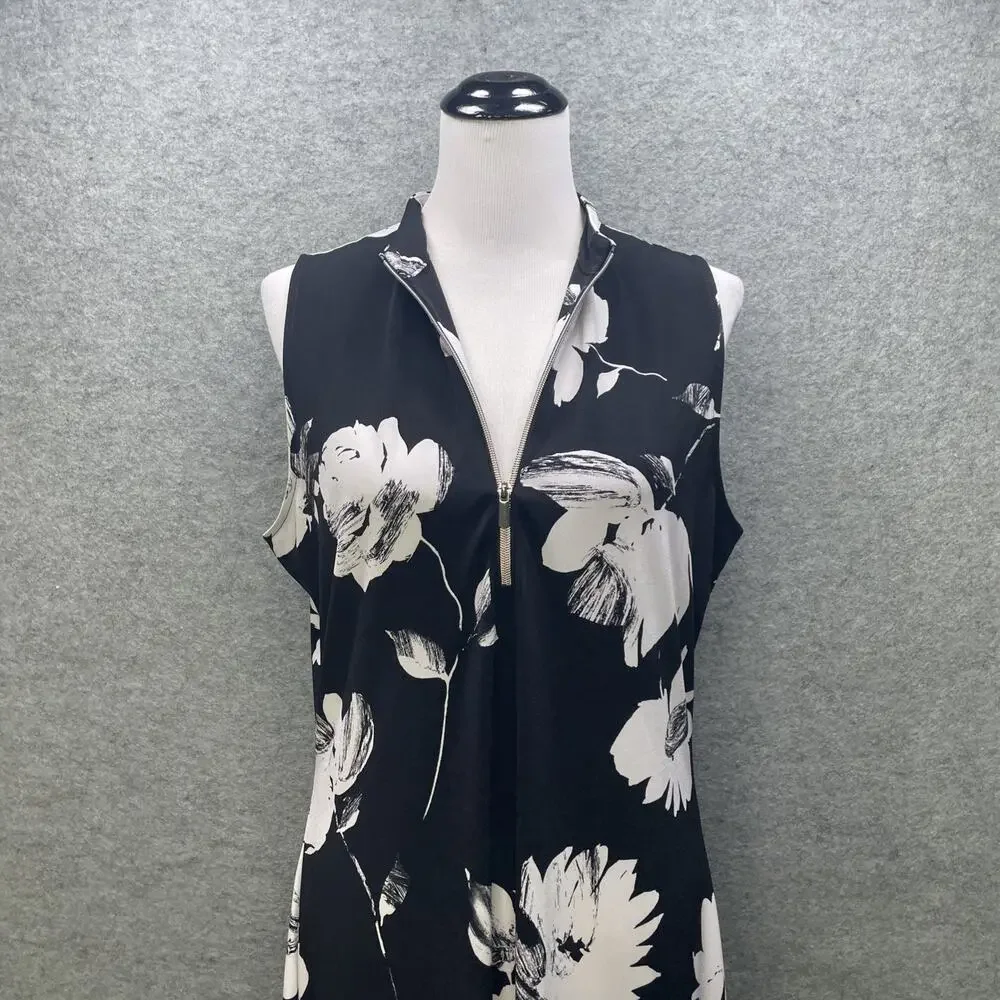 White House Black Market Floral Dress L Blk/Wht V Neck Stretch Midi Sleeveless